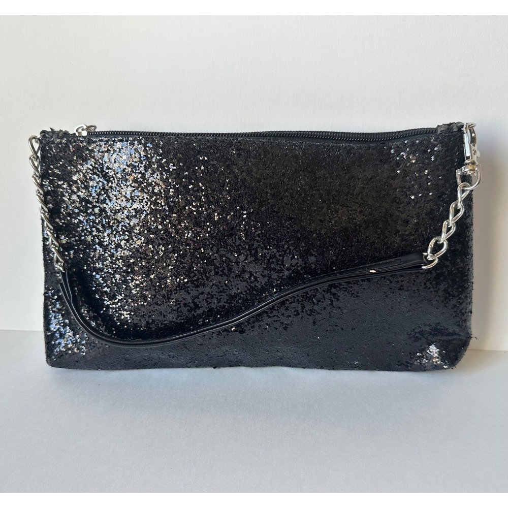 Ion Color Brilliance Black Glitter Clutch Glam Wrislet Makeup Bag Silver Chain
